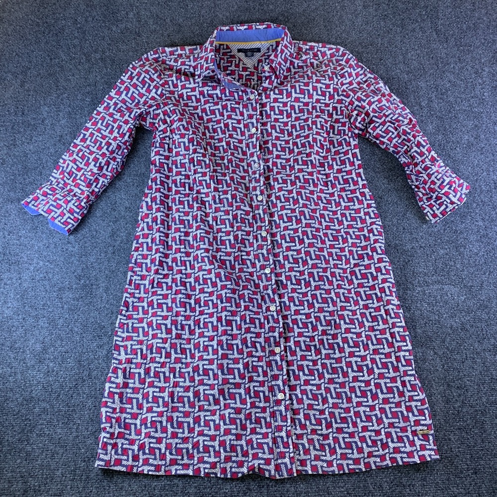 Tommy Hilfiger Shirt Dress Women Medium Blue Red Geometric Cotton 3/4 Sleeve